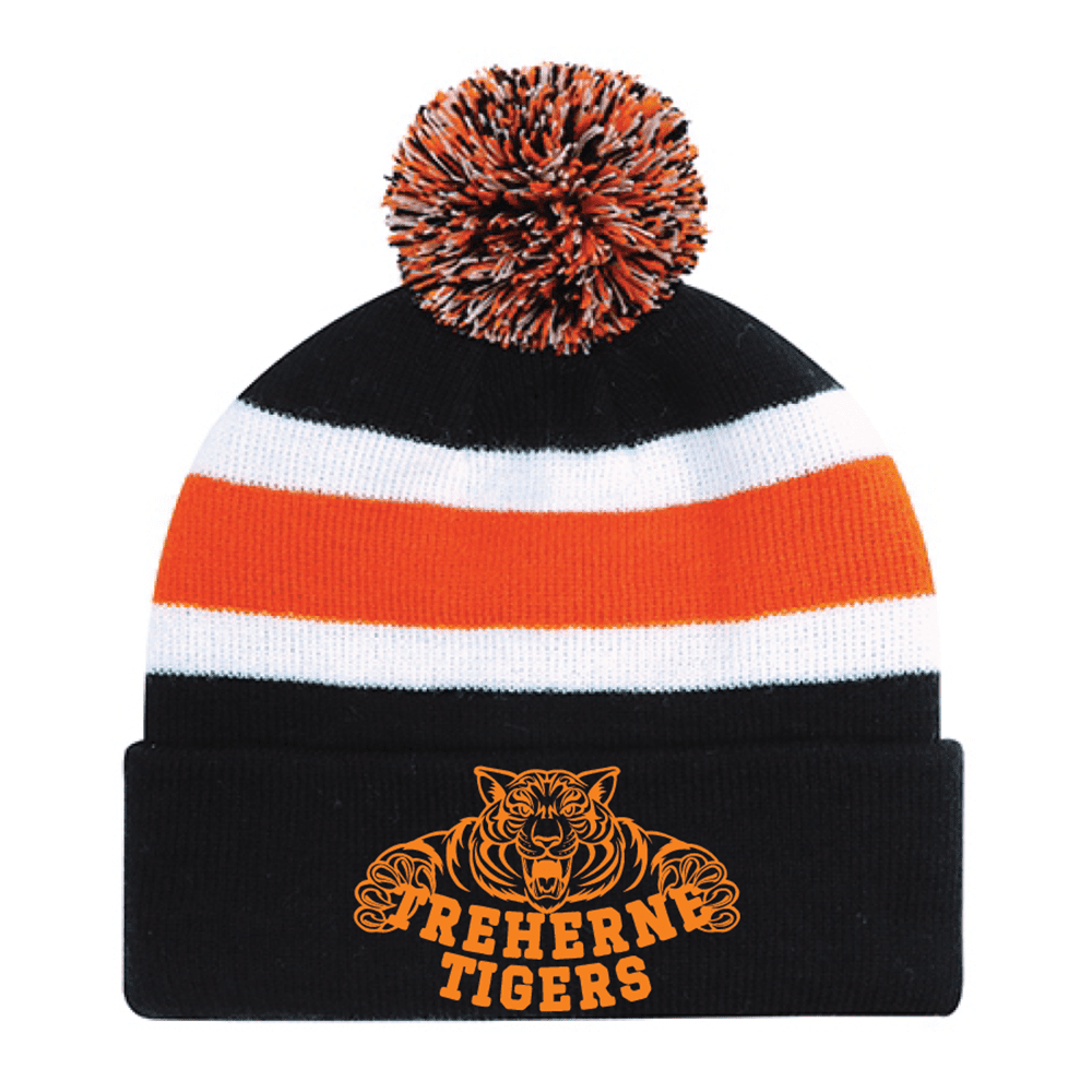 9S243M Acrylic Roll Pom Pom Toque - Black/Orange/White