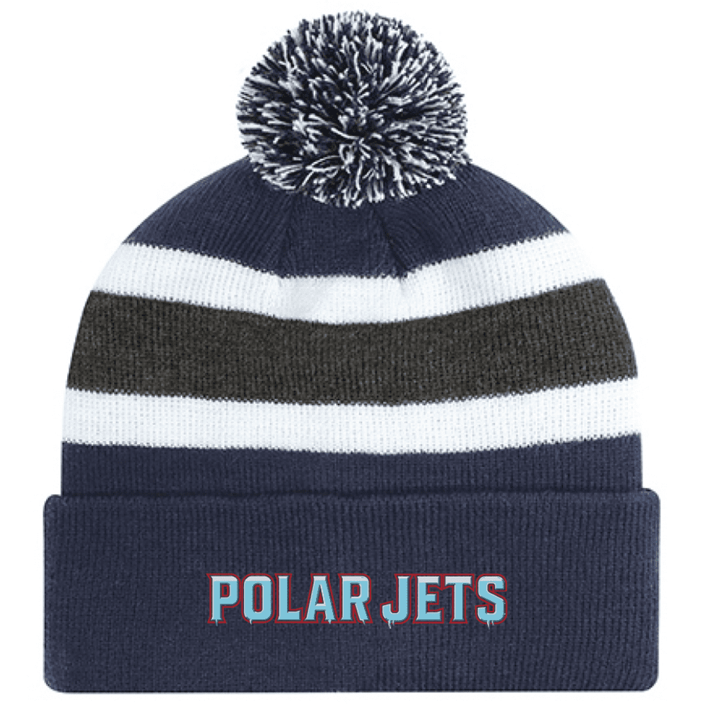 9S243M Acrylic Roll Pom Pom Toque - Navy/Charcoal/White - Image 2