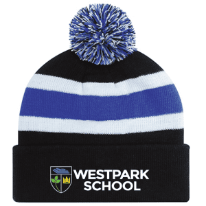 9S243M Acrylic Roll Pom Pom Toque - Black/Royal/White